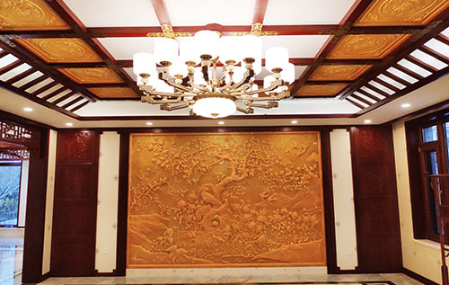高要中式别墅客厅中式木作横梁吊顶装饰展示